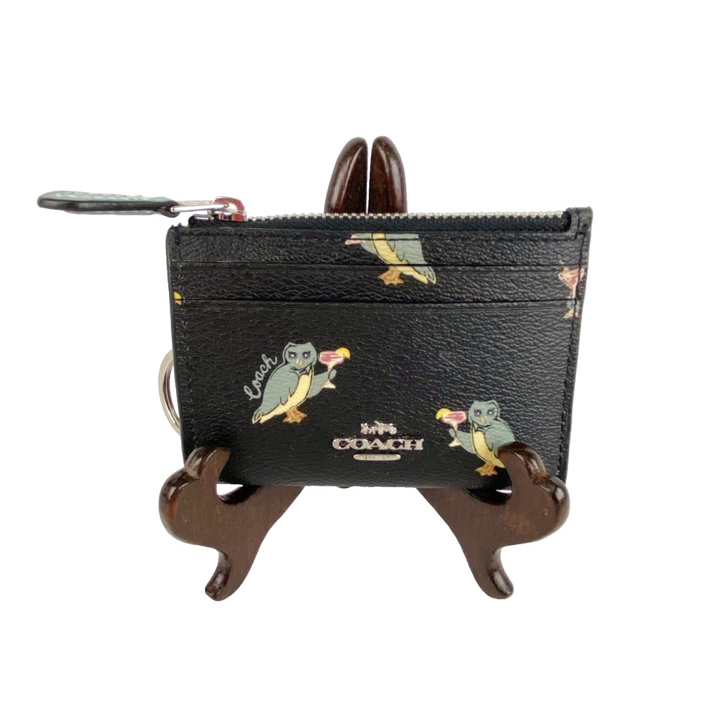New Coach Mini Skinny Owls ID Card Case Coin Purse Keychain Black  4x3" Fine!